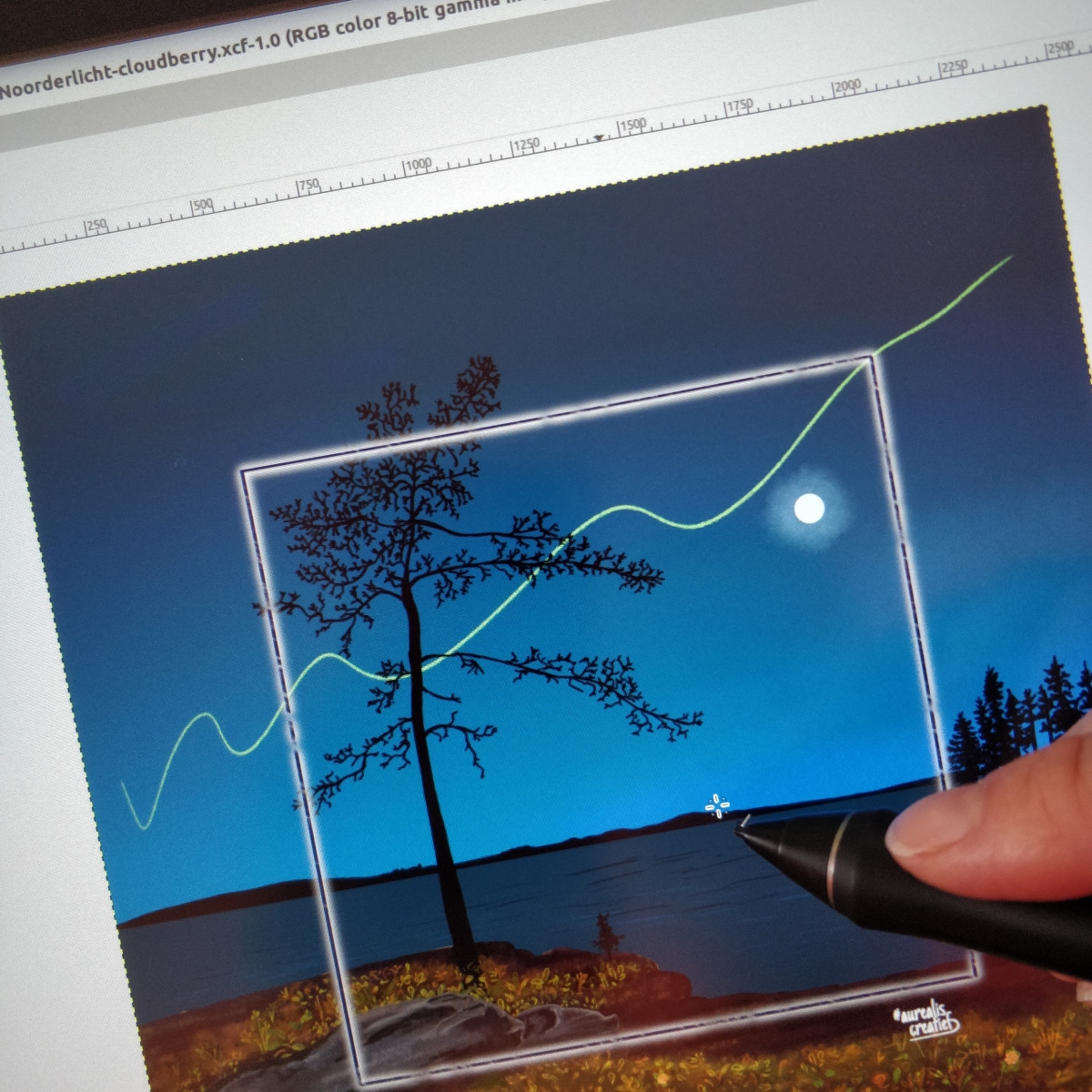 Werk in uitvoering van de illustratie: ‘De eerste glimp van het noorderlicht’, met bergbraambessen en een vaag noorderlicht.
