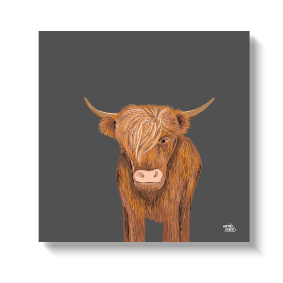 Een Highland-koe met lange hoorns en een ruige, koperkleurige manen.
