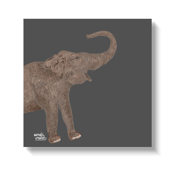 Een olifant, van achteren gezien, met zijn slurf naar boven gekruld.