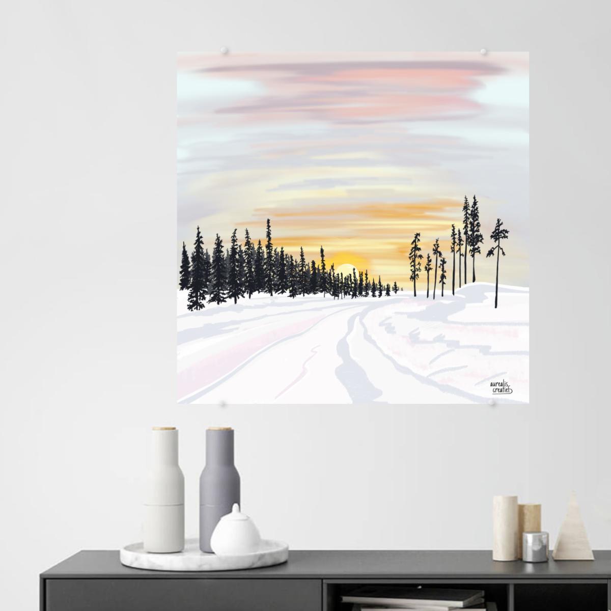 Gouden zonsondergang boven een stil Noords meer, illustratie op acrylglas