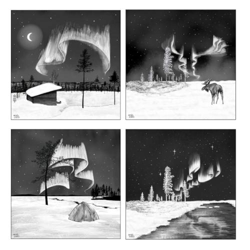 Vier zwart-witillustraties voor een particuliere verzamelaar in de Verenigde Staten.