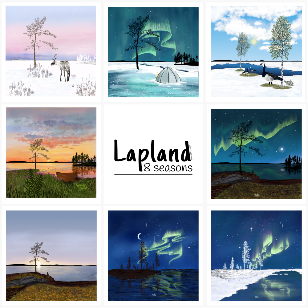 The story behind the 8 seasons of lapland art collection from aurealis creatief - personal stories and experiences during 6 winters in Finnish Lapland