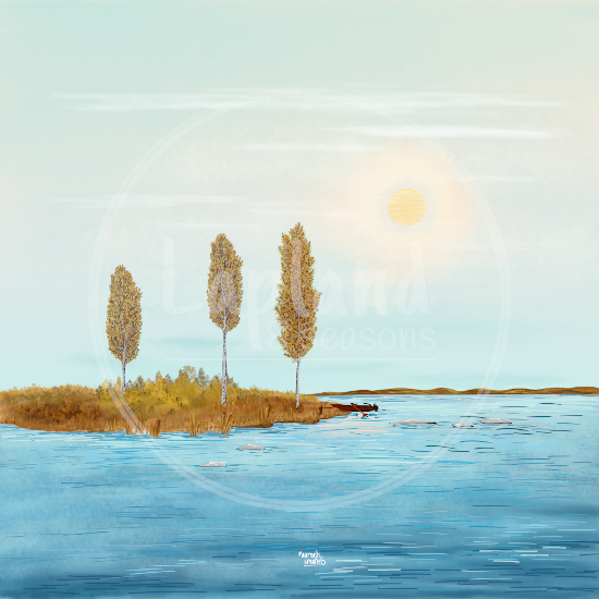 Na-zomer van Aurealis Creatief — berken in herfst-goud tegen stil Lapland-water