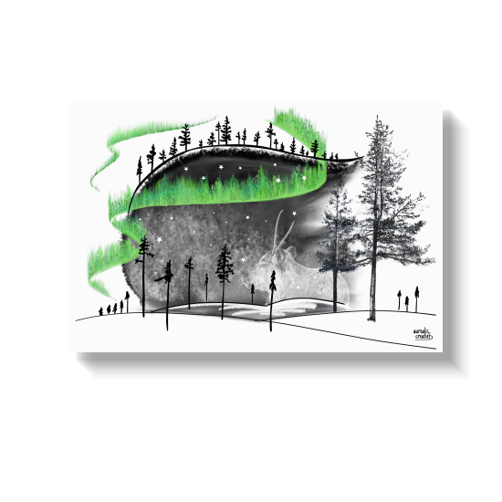 Handgetekende illustratie van een rendier en groen noorderlicht boven een besneeuwd naaldbos