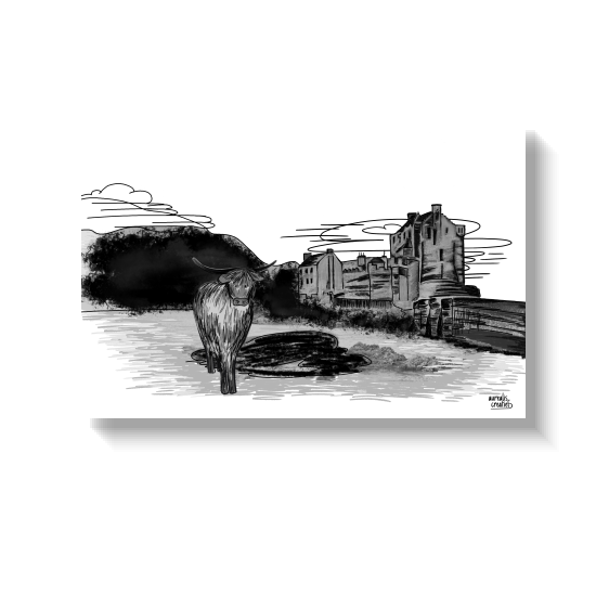 Handgetekende illustratie van een Schotse hooglander in het water voor een oud kasteel