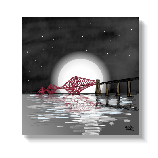 Handgetekende illustratie van de rode Forth Bridge onder een volle maan in Schotland