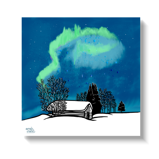 Handgetekende illustratie van groen noorderlicht boven een besneeuwd landschap in diep blauw