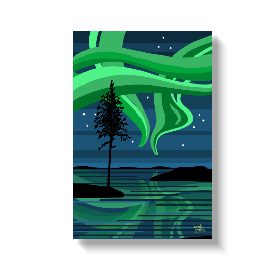 Twee groene aurorabanden die zich boven een eenzame den en een meer krommen.