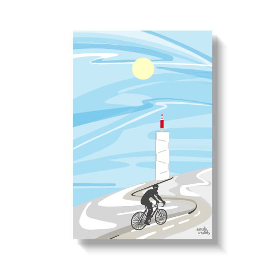 Een fietser die de kale weg naar de toren van de Mont Ventoux beklimt.