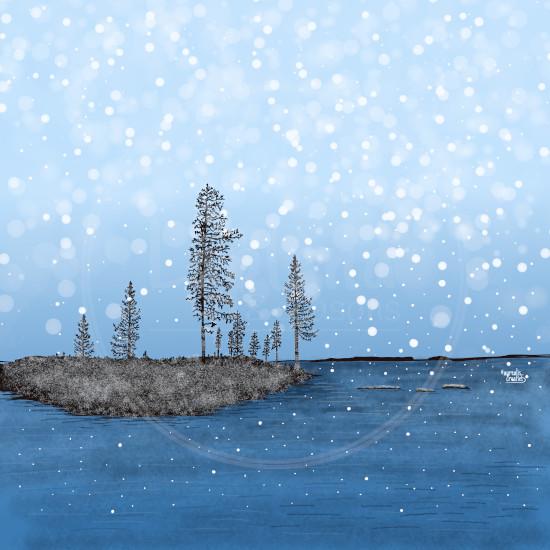 Sneeuwvlokjes van Aurealis Creatief — eerste sneeuwvlokken vallen over een eiland in Fins Lapland