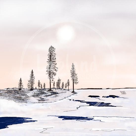 Drijvend IJs van Aurealis Creatief - ijsschotsen op ontdooiende Lapland-rivier onder perzik-hemel