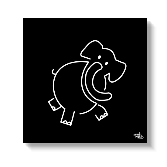 Een mollige olifant die zijn slurf optilt, geschetst in wit op zwart.