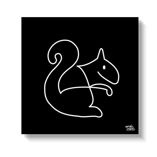 Eekhoorn met een grote gekrulde staart, getekend in een vloeiende witte lijn.