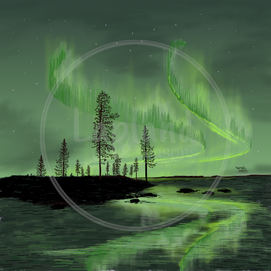 Groene Reflectie van Aurealis Creatief — noorderlicht weerspiegeld in donkere Lapland-rivier voor de eerste sneeuw