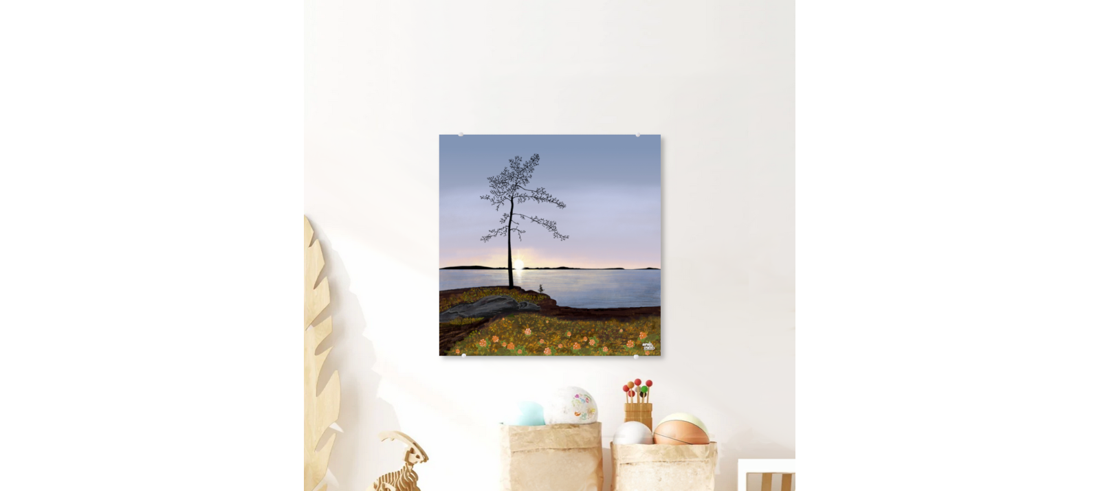 Illustration of a Lapland forest at golden hour in autumn, birches in red and gold under a low warm sun.