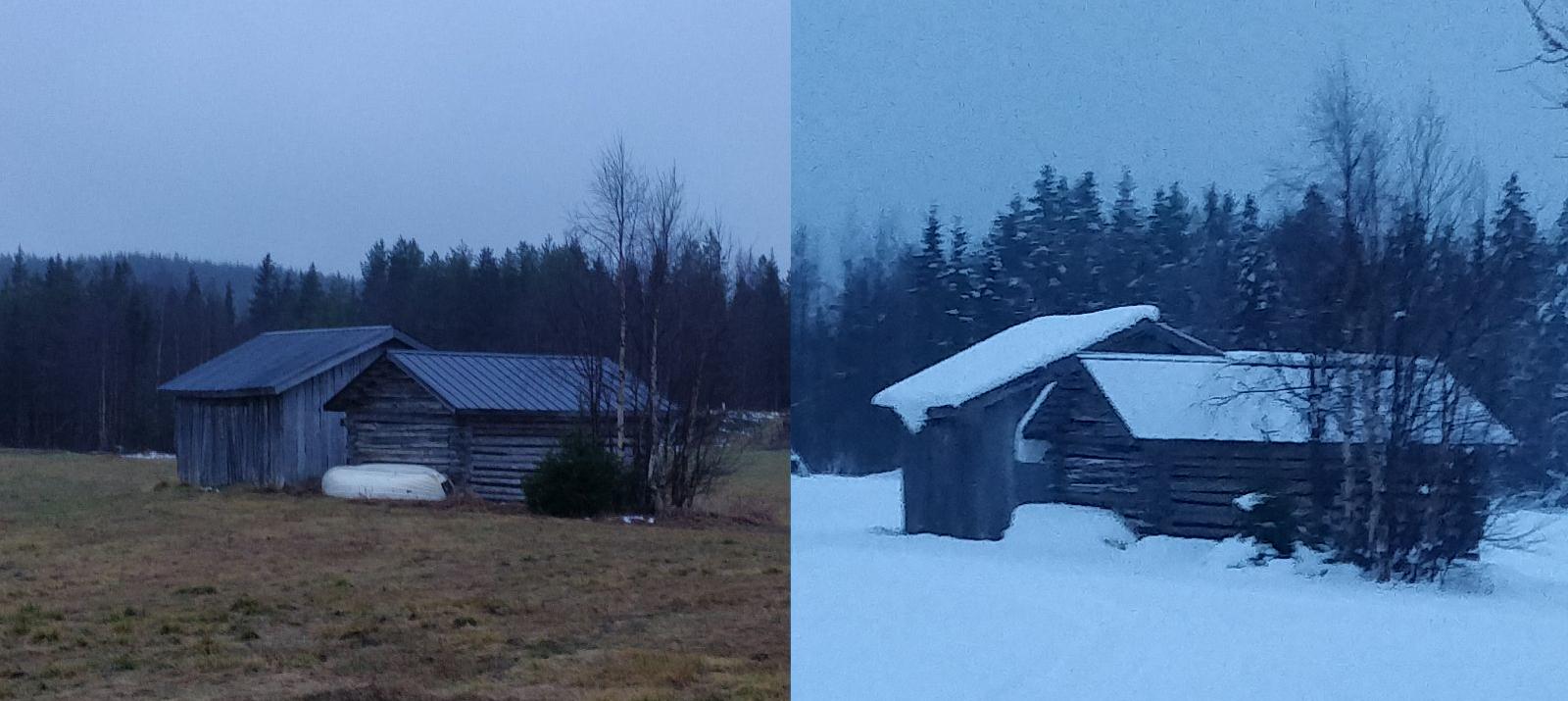 Een voor-en-na-tweeluik van hetzelfde houten schuurtje in Fins Lapland: links met kaal bruin gras, rechts bedekt met de eerste sneeuw van het seizoen.