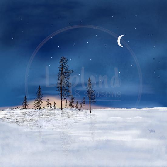 Kaamos van Aurealis Creatief — poolnacht-schemering boven maanlicht Lapland-landschap