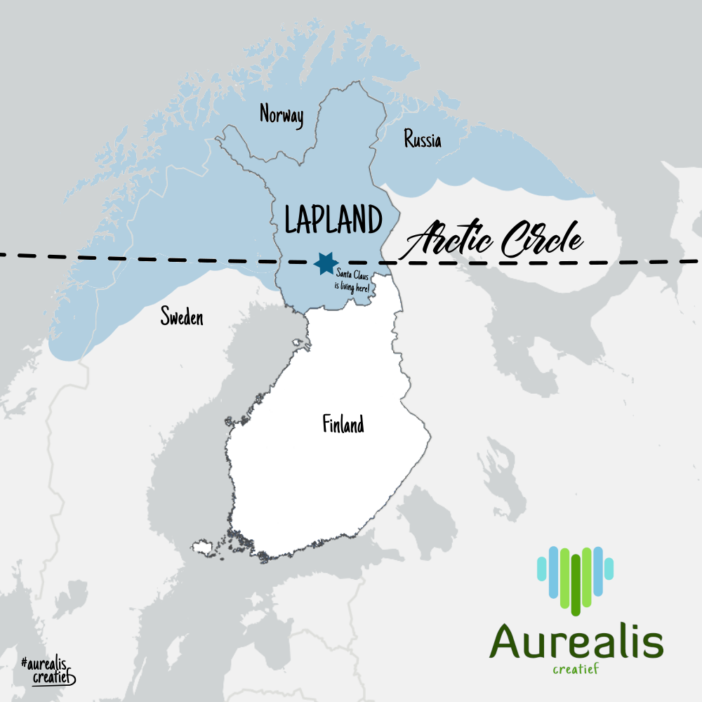 Lapland strekt zich uit over Noorwegen, Zweden, Finland en Rusland, boven de poolcirkel, kaartje getekend door aurealis creatief met Fins Lapland uitgelicht