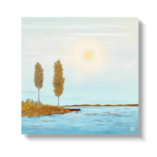 Na-zomer van Aurealis Creatief — berken in herfst-goud tegen stil Lapland-water