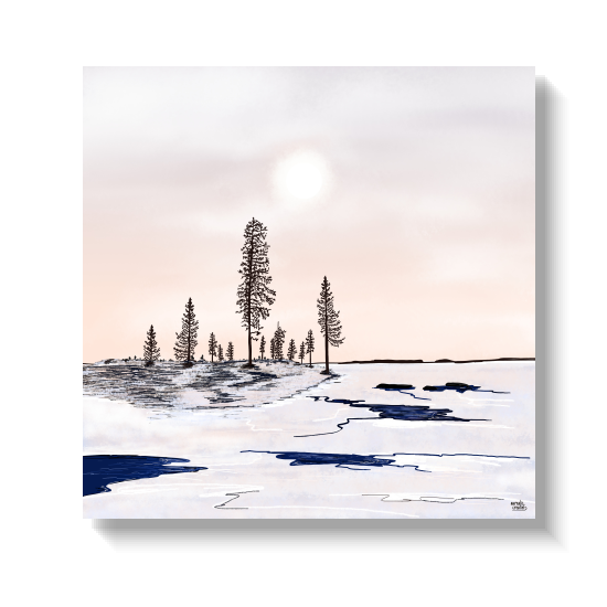 Drijvend IJs van Aurealis Creatief — ijsschotsen op ontdooiende Lapland-rivier onder perzik-hemel