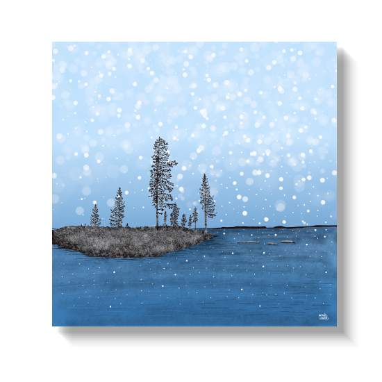 Sneeuwvlokjes van Aurealis Creatief — eerste sneeuwvlokken vallen over een eiland in Fins Lapland
