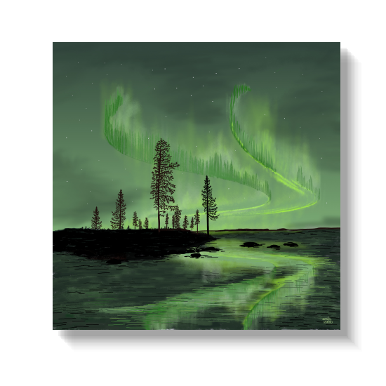 Groene Reflectie van Aurealis Creatief — noorderlicht weerspiegeld in donkere Lapland-rivier voor de eerste sneeuw