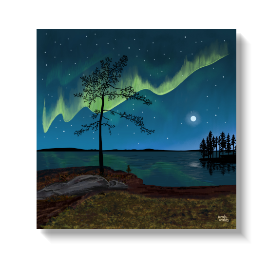 Eerste Glimp van het Noorderlicht van Aurealis Creatief — vage aurora boven eiland in late-zomer Lapland