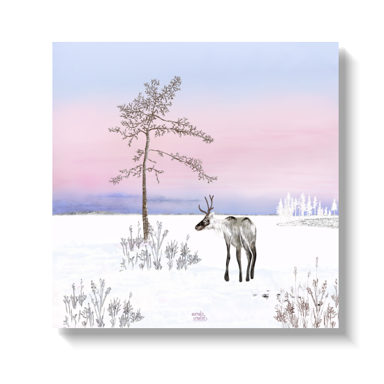 Roze Frisse Ochtend in Lapland van Aurealis Creatief — rendier onder boom met zachte roze poolnacht-hemel