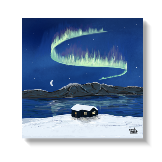 Een groene aurora die zich uitstrekt boven een donker huisje aan een besneeuwde oever in het maanlicht.