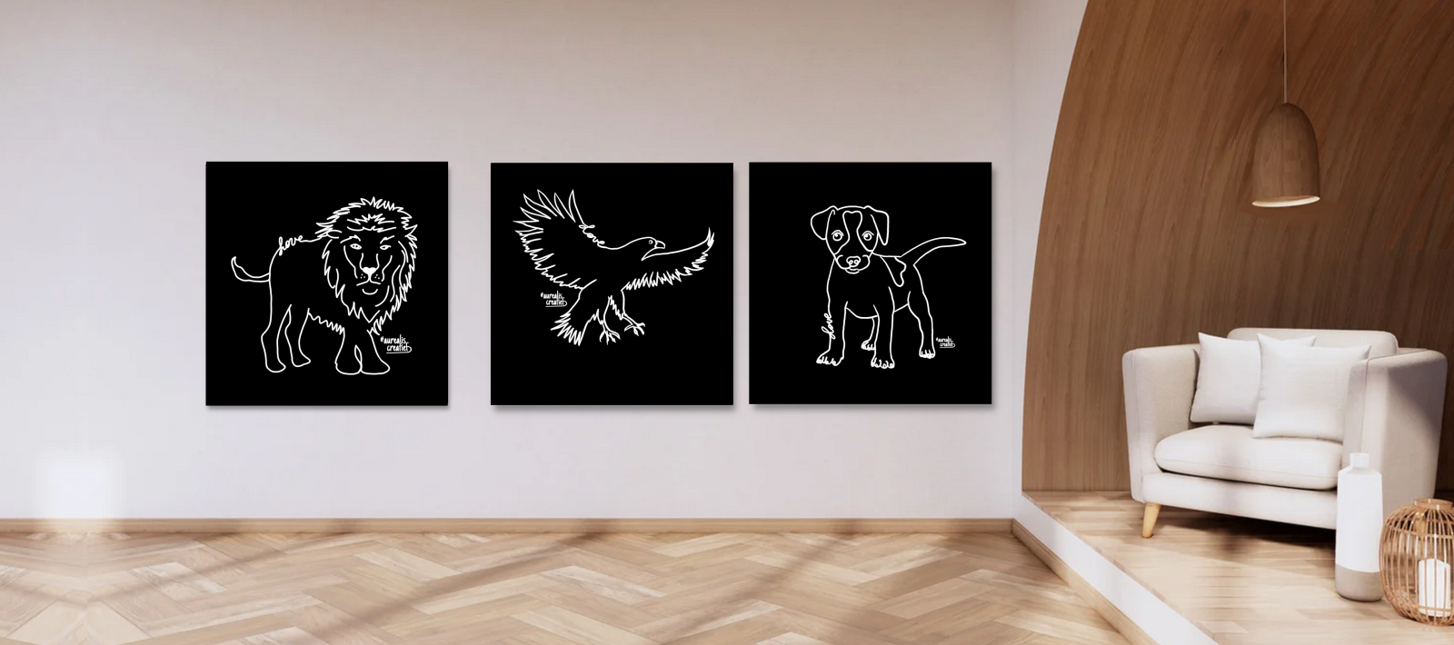Leeuw, ooievaar en foxterriër in witte lijnen op zwart, met het woord love verweven.