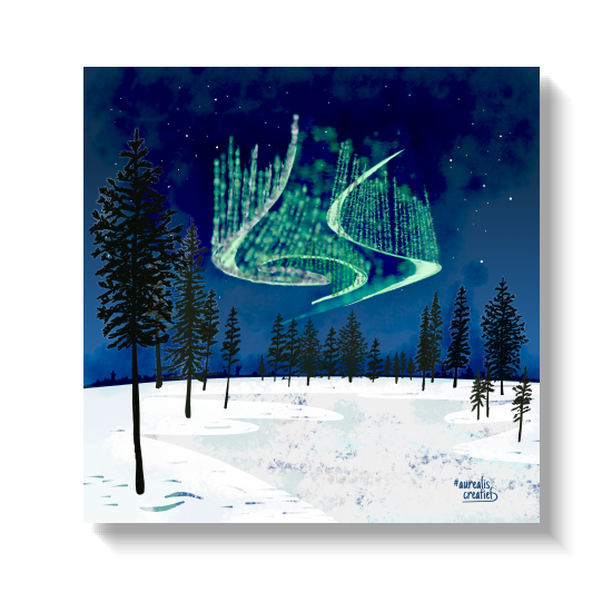 Groene aurora-gordijnen die boven een besneeuwd bos met hoge sparren hangen.