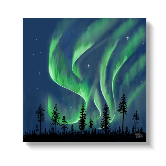 Krachtig groen noorderlicht dat over de hemel boven een dennenbos trekt.