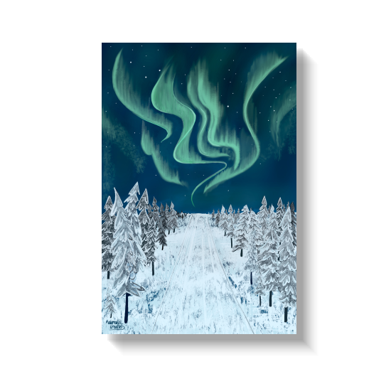 Noorderlicht boven een besneeuwd bospad, omzoomd door zwaar met rijp bedekte bomen.