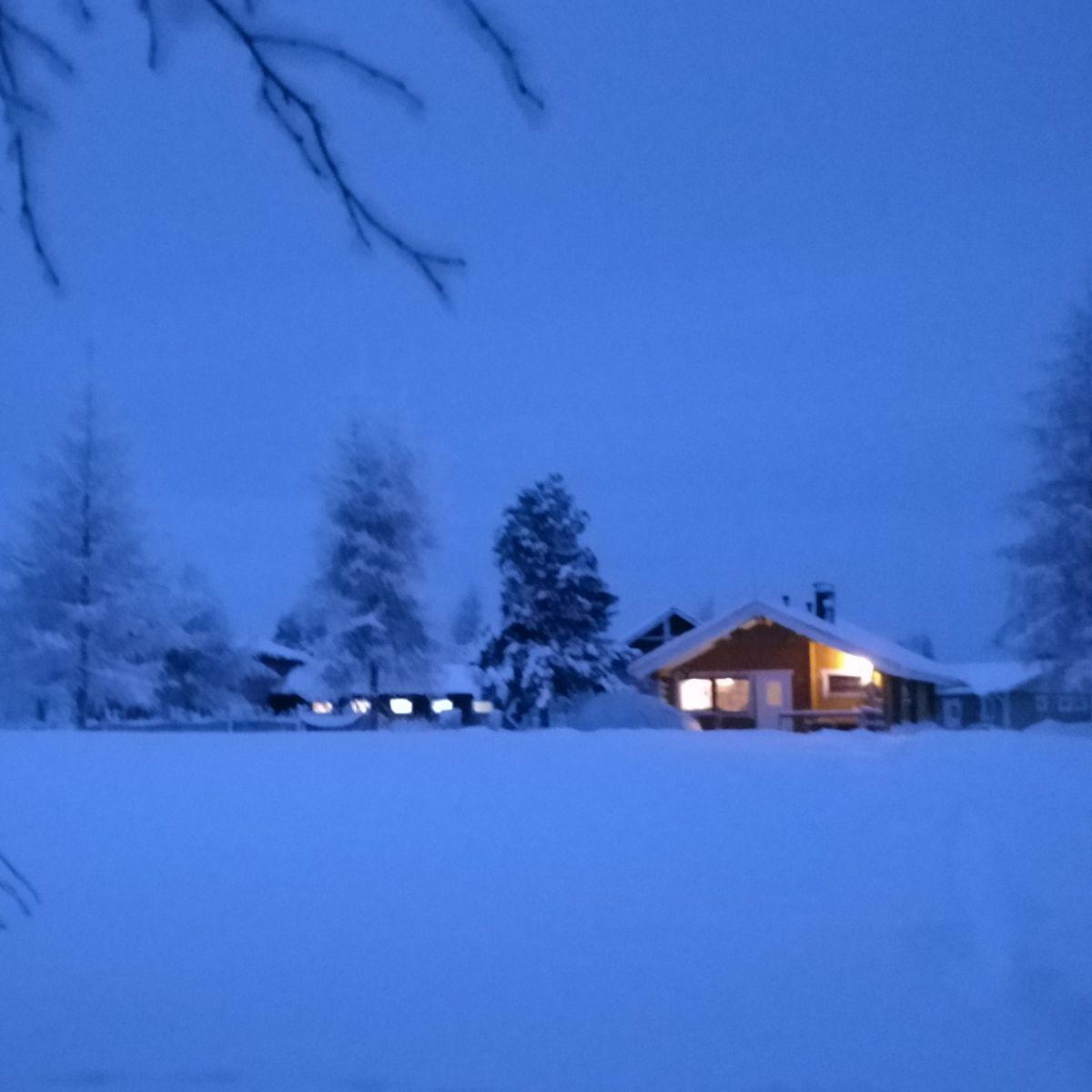 Een hut met één enkel, warm verlicht raam dat schittert in het diepe blauw van een Laplandse wintermiddag, omringd door met sneeuw bedekte bomen.