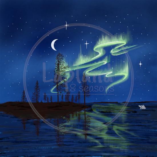 Terugkeer van Lady Aurora van Aurealis Creatief — eerste noorderlicht keert terug boven maanlicht Lapland-water